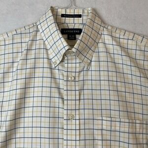 Lands End No Iron Twill Shirt Mens 15 32 Blue Yellow Plaid Long Sleeves